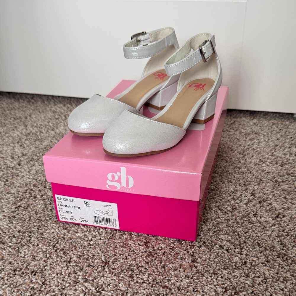 GB Girls Silver Ankle-Strap Block Heel Sandals